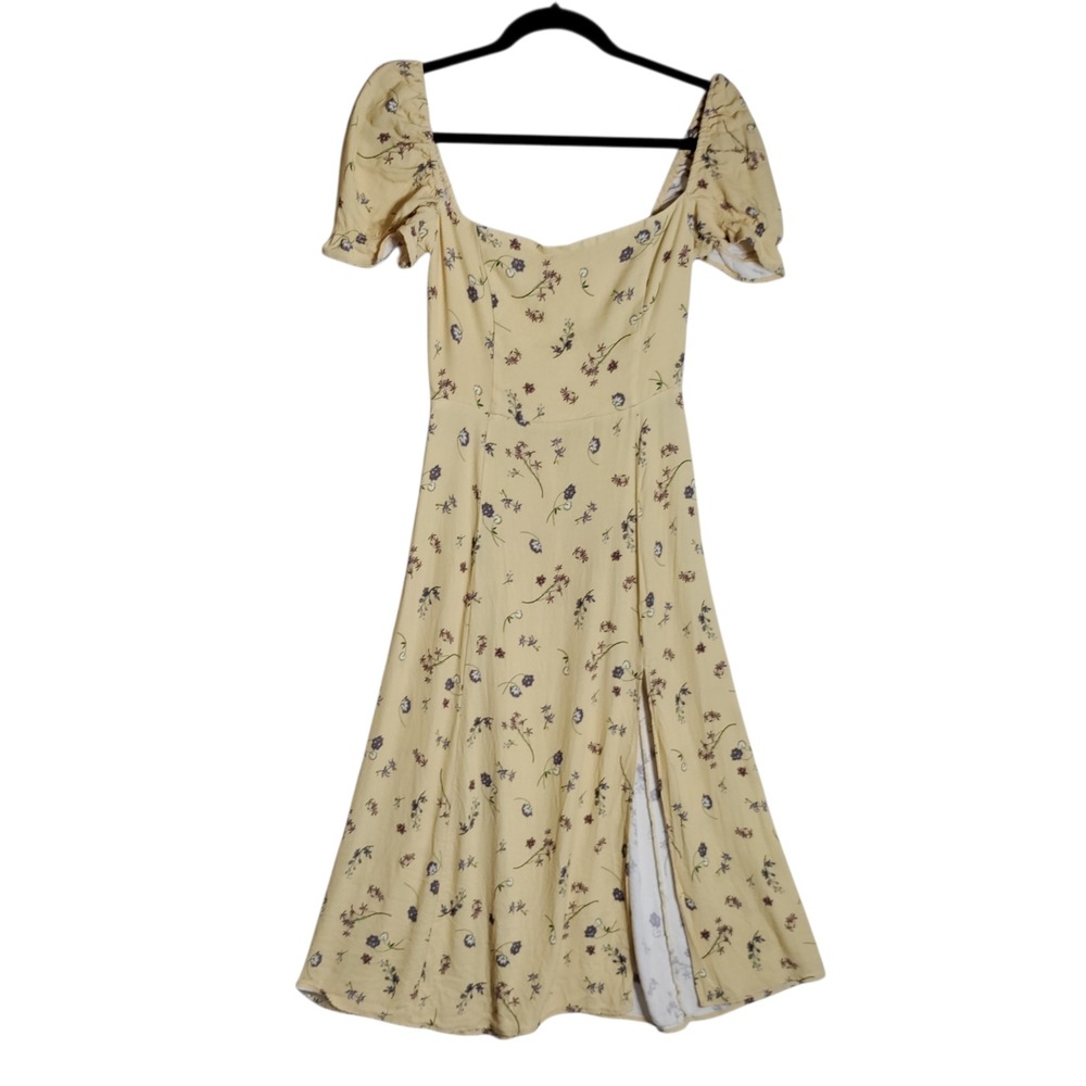 Wilfred‎ Aritzia Floral Puff Sleeve Midi Dress Yellow Purple Slit Size 4